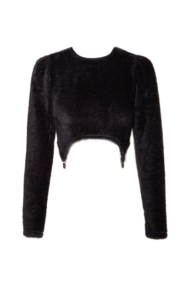 Furry Suspender Crop Top - Black