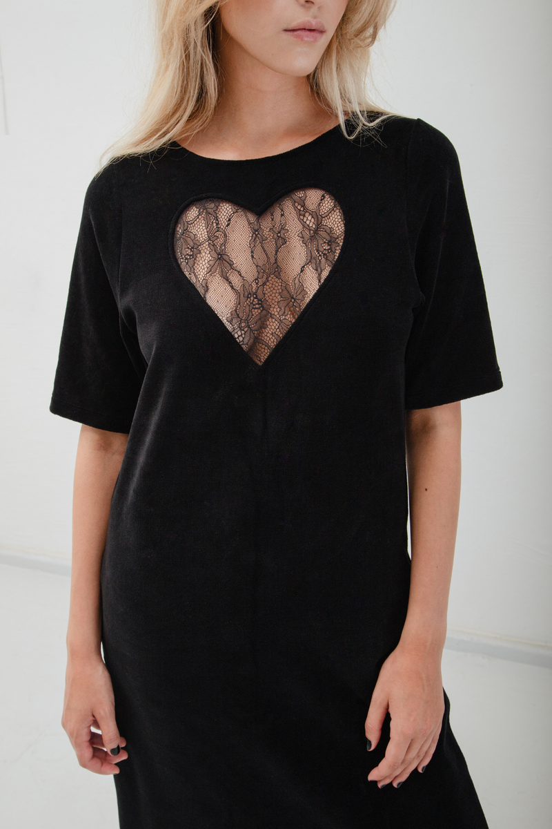 Heart Velour Dress - Black